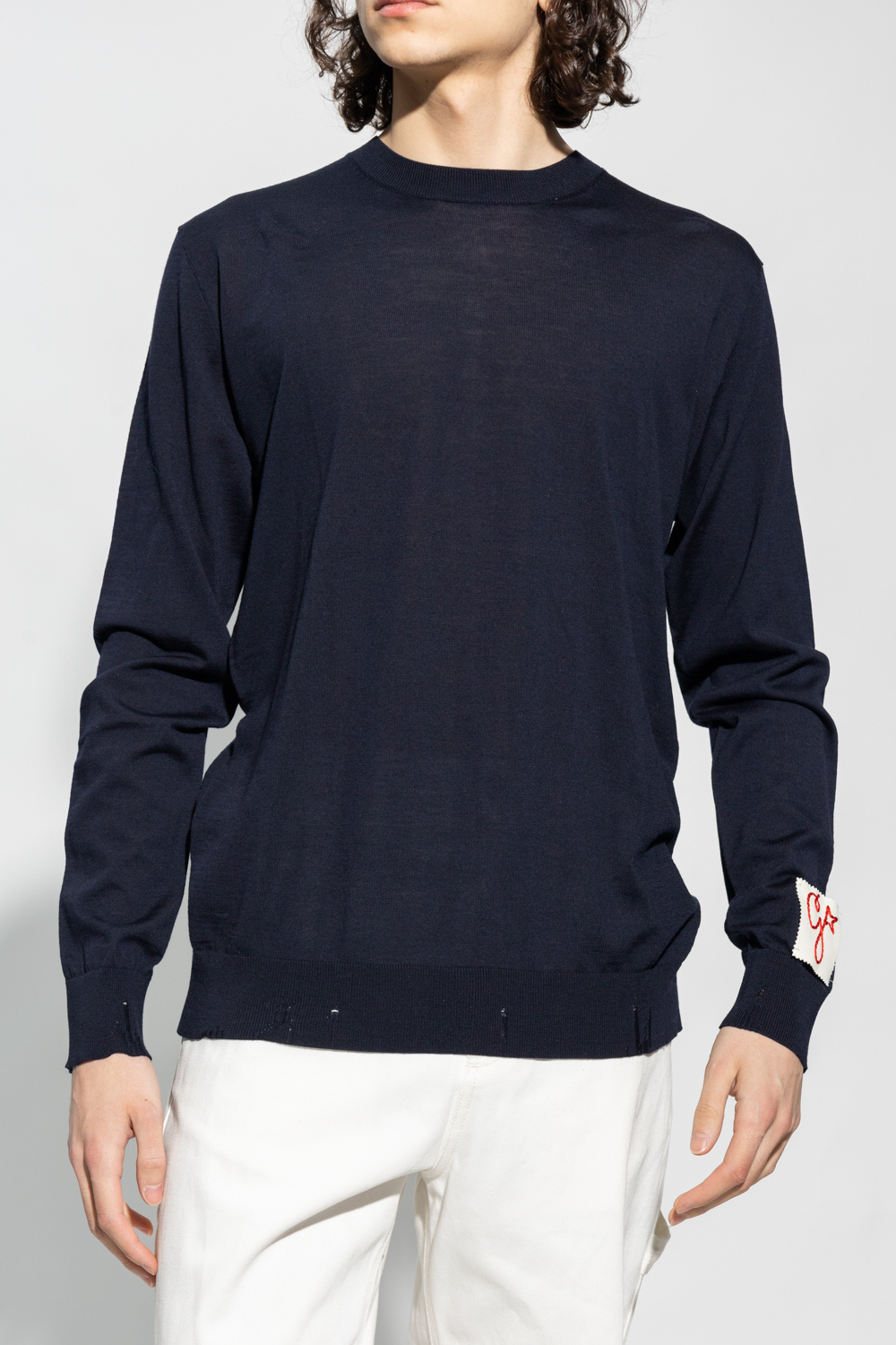 【送料&関税込】Golden Goose Sweater With Logo Men's round-neck sweater in dark blue cotton with logo